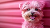 Adorable pink-tinted Maltese dog with happy expression against matching pink background, creating monochromatic pet portrait for animal lovers.