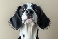 Close-up portrait of black and white English Springer Spaniel dog with expressive amber eyes and long ears against neutral background, looking directly at camera.