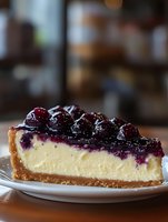 Creamy cheesecake slice topped with fresh blueberry compote on white plate, golden graham cracker crust, rich vanilla filling and glossy purple berries.