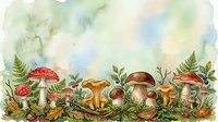Watercolor illustration of various mushrooms and toadstools with ferns and foliage in soft pastel tones, suitable for botanical art, children's books, and nature-themed designs.