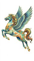 Ornate winged horse with gold, blue, and red decorative patterns, isolated on transparent background. Great for t-shirts, stickers, print on demand, and sublimation.