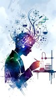 Watercolor scientist silhouette with flowing chemistry and biology symbols from mind, laboratory equipment, DNA helix, atoms and molecules in vibrant colors.