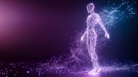 Digital human figure made of glowing particles and connected dots dissolving into light on dark gradient background for technology concepts.