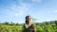 Young woman with dark skin, wearing glasses and green clothing, holding a seedling plant in an agricultural field under blue sky, representing sustainable farming and environmental conservation.