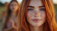 Young woman with red hair, freckles, and blue eyes smiling at sunset with blurred figure in background.