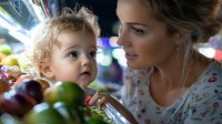 Young Caucasian mother and toddler daughter selecting fresh produce at evening farmers market, colorful bokeh lights, intimate lifestyle moment captured in natural light.