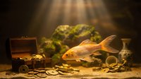 Underwater treasure scene with golden fish swimming near open chest filled with coins and artifacts on sandy ocean floor with dramatic sunlight rays filtering through water.