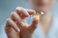 Female hand with nude manicure holding transparent capsule with DNA molecule inside against blurred background, representing genetic research and biotechnology.