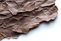 Torn brown paper with rough textured edges and natural wrinkles creates dramatic shadows against white background, isolated for creative design projects.