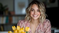 Young Caucasian woman with blonde wavy hair smiling warmly while holding fresh yellow tulips, wearing pink floral dress. Natural lifestyle portrait in cozy home setting.