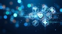 Digital healthcare technology network with medical icons and hexagonal interface elements on blue bokeh background for modern medicine concepts.