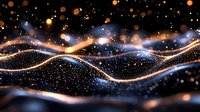 Glowing golden and blue light waves flow through dark space with sparkling particles and bokeh effects creating magical abstract background.