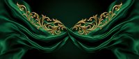 Luxurious emerald green silk fabric with ornate gold filigree flourishes creates an elegant, symmetrical composition suitable for premium branding, luxury packaging, and high-end design projects.