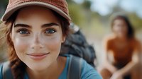 Young Caucasian woman with freckles and blue eyes wearing baseball cap smiles at camera while hiking outdoors, backpack visible, blurred female companion in background.