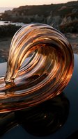 Glossy glass wave sculpture with golden amber tones reflecting sunset light, placed on a dark reflective surface with rocky coastline backdrop.
