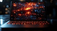 Glowing laptop keyboard illuminated in dark room with magical sparkle effect on screen displaying orange and blue cosmic lights. Perfect for technology concepts.