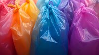 Vibrant colorful plastic shopping bags arranged in rainbow sequence showing translucent texture and environmental impact concept against dark background.