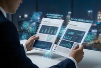 Businessman analyzing advanced automated smart analytics dashboard with AI-powered data visualization and real-time business intelligence reports.