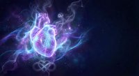 Glowing human heart with energy waves and particles on dark cosmic background for medical and science concepts.