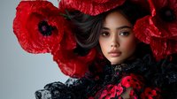 Young Asian woman with natural makeup surrounded by large red poppies and black lace, dramatic fashion portrait against gray background. Artistic floral composition.