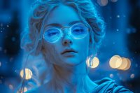 Young blonde woman in glasses illuminated by neon blue light against blurred bokeh background, creating mysterious cyberpunk atmosphere with dreamy expression and glowing effect.