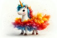 Magical unicorn with rainbow mane wearing colorful tutu dress made of vibrant feathers and sparkles, standing on white background. Isolated fantasy character for children designs.