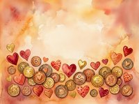 Watercolor background with gold coins and red hearts, warm orange tones, copy space for Valentine's Day, finance, or love-themed designs.