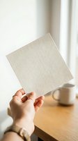Female hand holding blank textured paper card in bright natural light with coffee cup on wooden table background for mockup and branding projects.