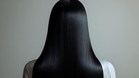 Sleek, straight black hair from behind showing perfect smoothness and shine against neutral background, ideal for hair care product advertising.