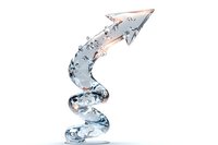 Spiral arrow made of clear liquid water with splashes, twisting upward in dynamic motion against white background, isolated design element for business growth concepts.