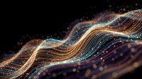 Abstract flowing wave with golden light trails and sparkling particles on dark background for digital art, technology concepts and modern design projects.
