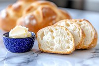 Fresh baked sweet bread rolls with soft fluffy texture, torn open to show airy interior, served with butter in blue ceramic bowl on marble surface.
