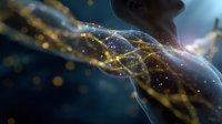 Glowing golden light trails and particles flow around dark silhouette against deep blue background creating futuristic technological network visualization effect.