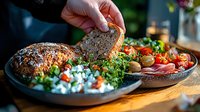 Fresh Mediterranean appetizer platter with seeded bread, colorful salad, olives, and roasted vegetables served on rustic ceramic plates in natural lighting.