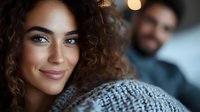 Young mixed race woman with curly hair and natural makeup smiling warmly at camera, wearing cozy knit sweater, with blurred male figure in background.