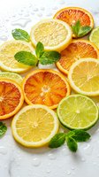 Sliced citrus fruits including lemon, lime, and grapefruit arranged with fresh mint leaves on wet white surface for beverage, culinary, and wellness content.