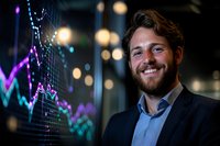 Confident young Caucasian businessman with beard smiling near digital screen showing financial data charts and graphs with colorful neon lights in dark office.