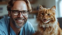 Cheerful mature Caucasian man in glasses and blue sweater posing with ginger Maine Coon cat at home. Both smiling at camera showing positive emotions and friendship.