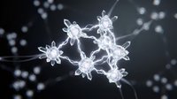 Glowing molecular structure with crystalline spheres connected by luminous bonds against dark background with bokeh particles, suitable for science and technology concepts.