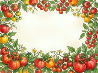 Ripe tomatoes with green foliage and yellow flowers frame a blank center space, ideal for text overlay, recipe cards, farmers market promotions, and culinary design projects.