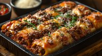 Homemade meat cannelloni pasta baked in tomato sauce with melted cheese and herbs, garnished with fresh rosemary on dark rustic baking dish. Authentic Italian cuisine.