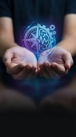 Hands holding glowing holographic compass with brain and gears symbolizing navigation, innovation and strategic thinking for business presentations.