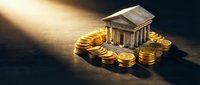 Classical bank building surrounded by golden coins with dramatic lighting representing financial institution wealth and monetary stability.