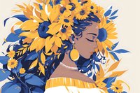Young African American woman with sunflowers crown and blue leaves, wearing yellow dress and gold earrings. Artistic portrait with closed eyes and peaceful expression.