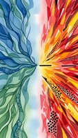 Abstract watercolor composition with flowing organic forms in blue and green contrasting vibrant red orange yellow radiating patterns for creative design projects.