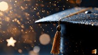 Graduation cap with gold tassel against dark background with magical bokeh lights and sparkles, creating dreamy atmosphere for academic achievement celebration.