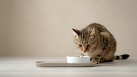 Striped tabby cat eating from white ceramic bowl on beige background. Minimalist pet photography with soft natural lighting and neutral tones creates serene mood.
