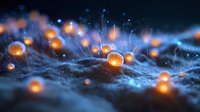 Glowing orange spheres floating above textured blue surface with light rays and particles creating magical sci-fi atmosphere for digital art projects.
