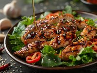 Grilled teriyaki chicken breast slices with sesame seeds served on fresh green salad leaves and red chili, drizzled with sauce. Perfect for menu, restaurant promotion or cooking blog.