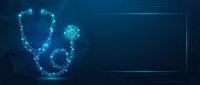 Digital stethoscope made of glowing blue particles and connecting lines on dark background with geometric frame for medical technology concepts.